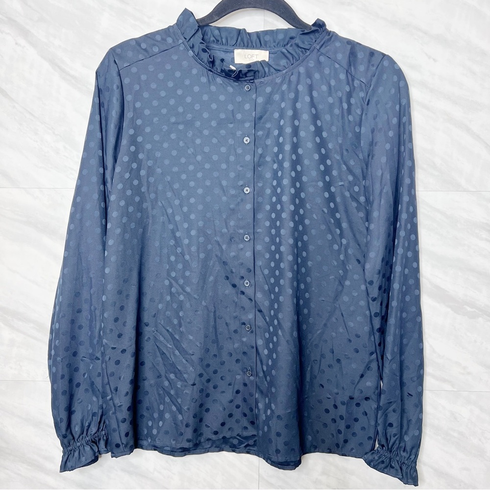 Ann Taylor LOFT Blue Polka Dot Button Down Blouse XS